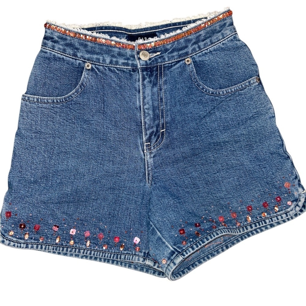 VINTAGE GAP GIRLS DENIM SHORTS FOUR POCKET, SEQUINED AND BEADED TRIM, ZIP FLY - Picture 2 of 8